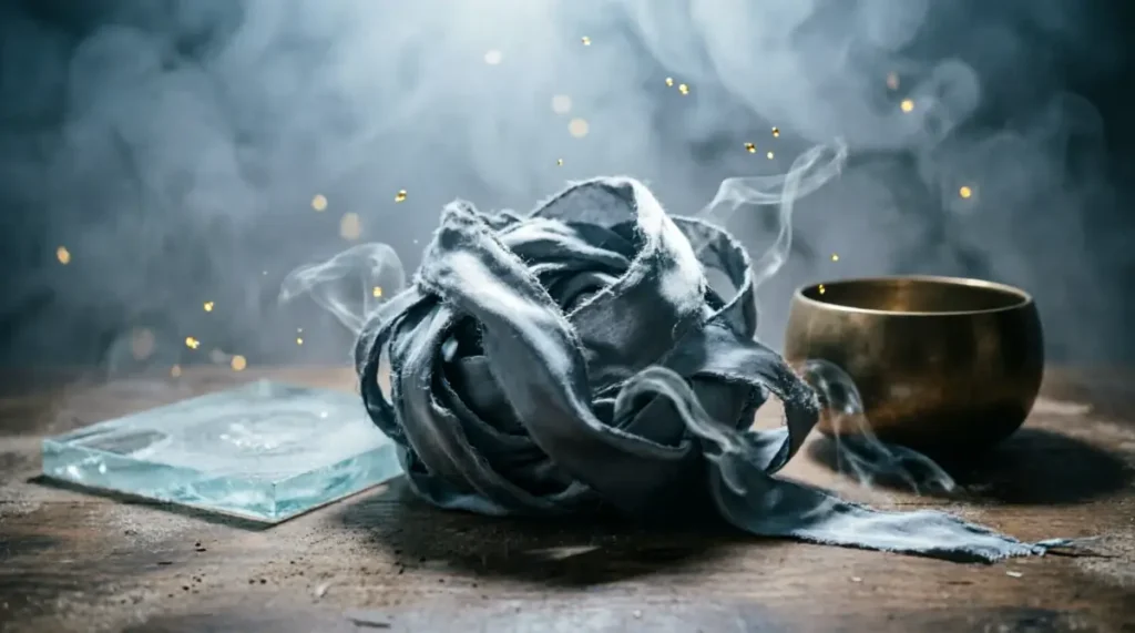 Tangled silk ribbon, blank glass slate, still bronze bowl with faint golden particles (AI-generated illustration)