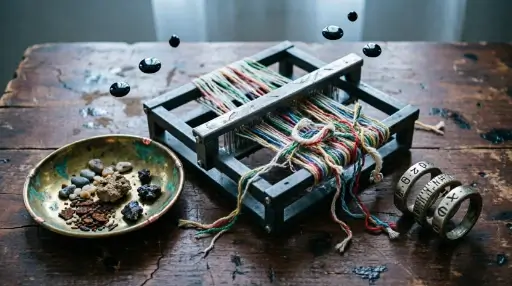 Tangled threads on wooden loom, brass bowl with stones, cipher rings raw data mess (AI-generated illustration)