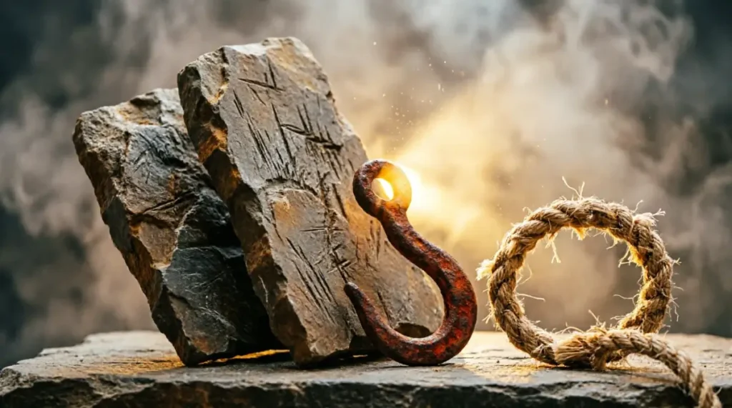 Tipping ledger stones, rusted iron hook, slackening woven cord, golden light fluctuating at 75%(AI-generated illustration)