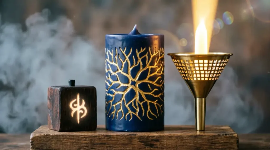 Blue wax cylinder with golden tree branch pattern, wooden block with glowing symbol, brass funnel with flame (AI-generated illustration)