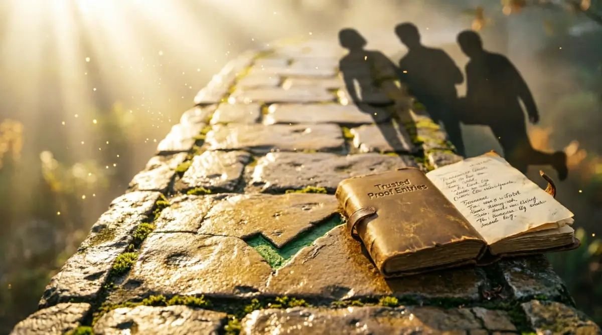 Trusted trailhead, integrated green checkmarks, trusted technical logbook, pre-appearing shadows, golden volumetric light (AI-generated illustration)