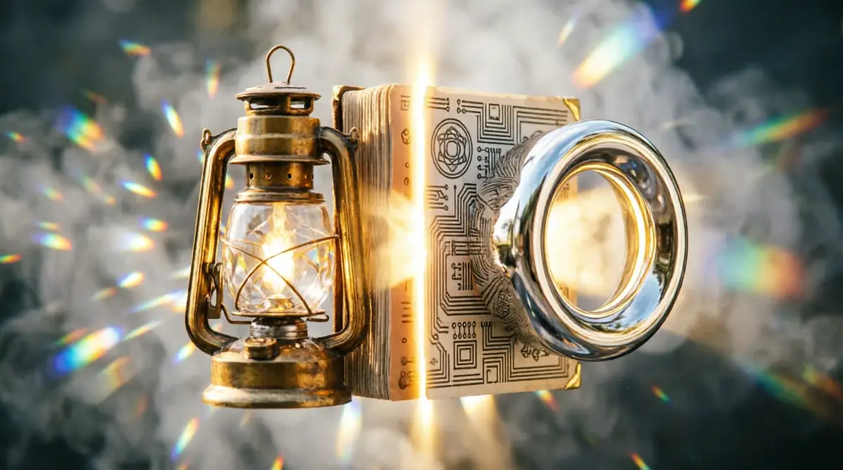 Unified structure with brass lantern, evidence ledger with seamless patterns, focus aperture showing niche clarity and multiple time states (AI-generated illustration)