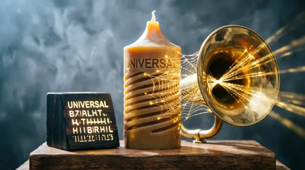 Wax cylinder with universal web pattern, wooden block with universal text, brass funnel with golden web (AI-generated illustration)