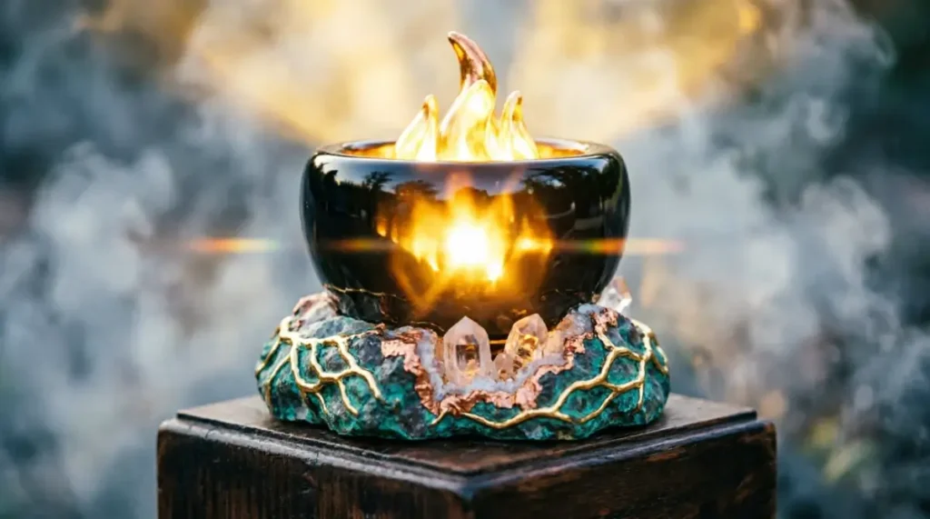 Obsidian vessel eternal flame structure, quartz geode eternal foundation, copper leaf eternal golden vein network (AI-generated illustration)