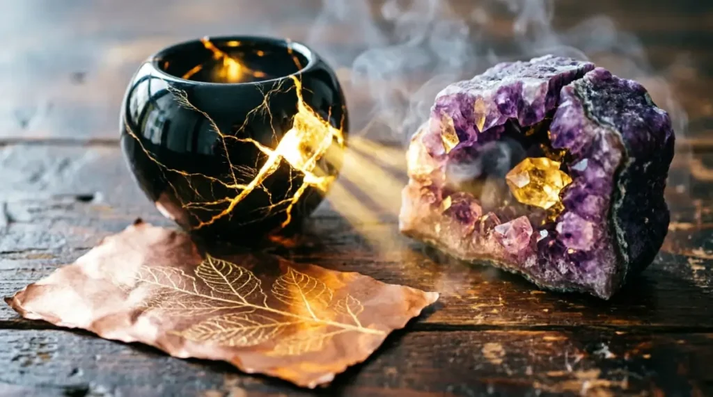 Obsidian vessel with golden seepage, quartz geode with first crack, copper leaf with faint veins (AI-generated illustration)