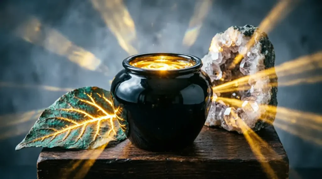 Obsidian vessel as light source, quartz geode with pattern beams, copper leaf with expanding golden veins(AI-generated illustration)