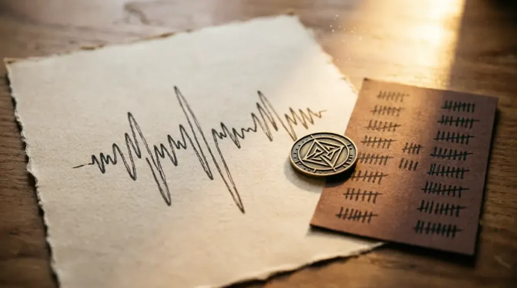 Waveform print with organized sound patterns, tally card with accumulated marks, milestone token on minimal desk under warm light (AI-generated illustration)
