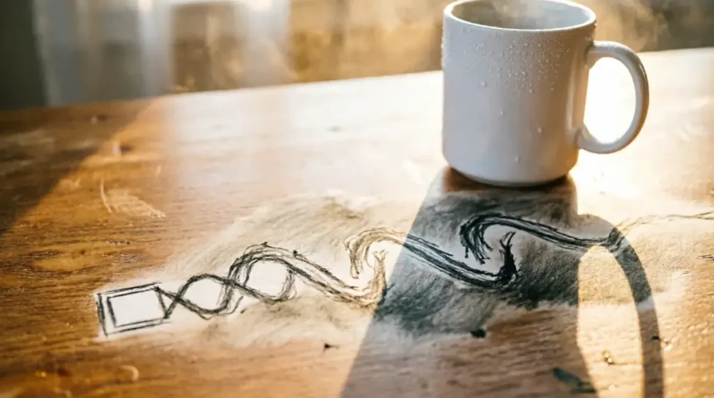 Roadmap, wavy graphite strokes branching forward, visible smudges, mug casting diffused morning shadow (AI-generated illustration)