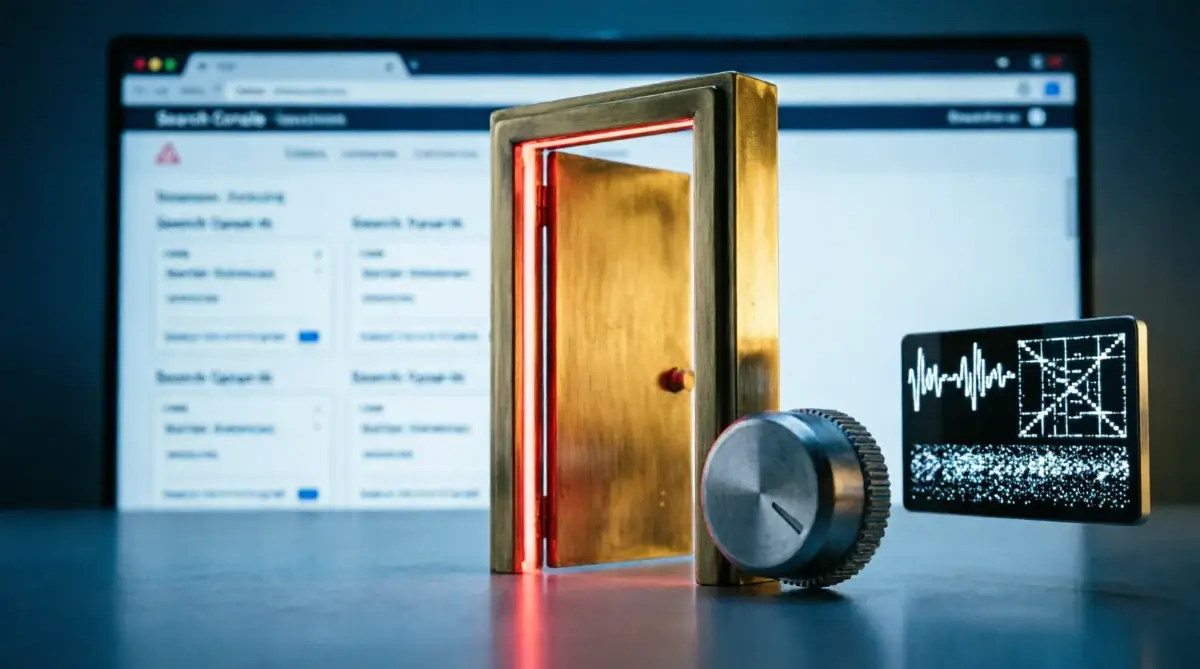 Open door gateway with warm webpage background next to simplicity position cylinder dial,light(AI-generated illustration)