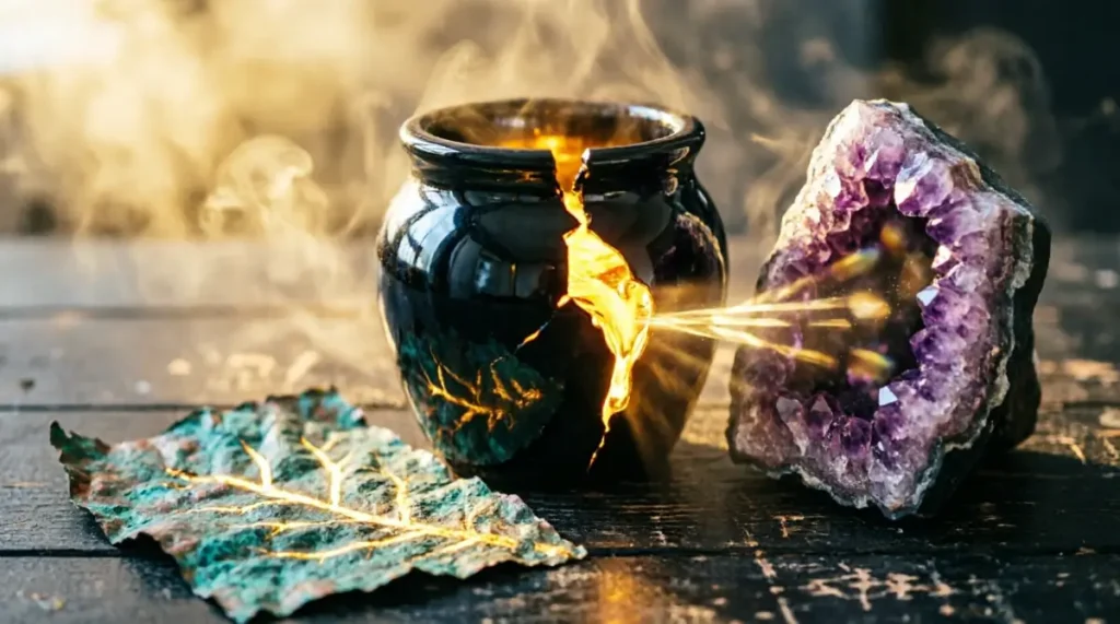 Obsidian vessel with widening crack, quartz geode with reverse crystal refractions, copper leaf with pulsing veins (AI-generated illustration)