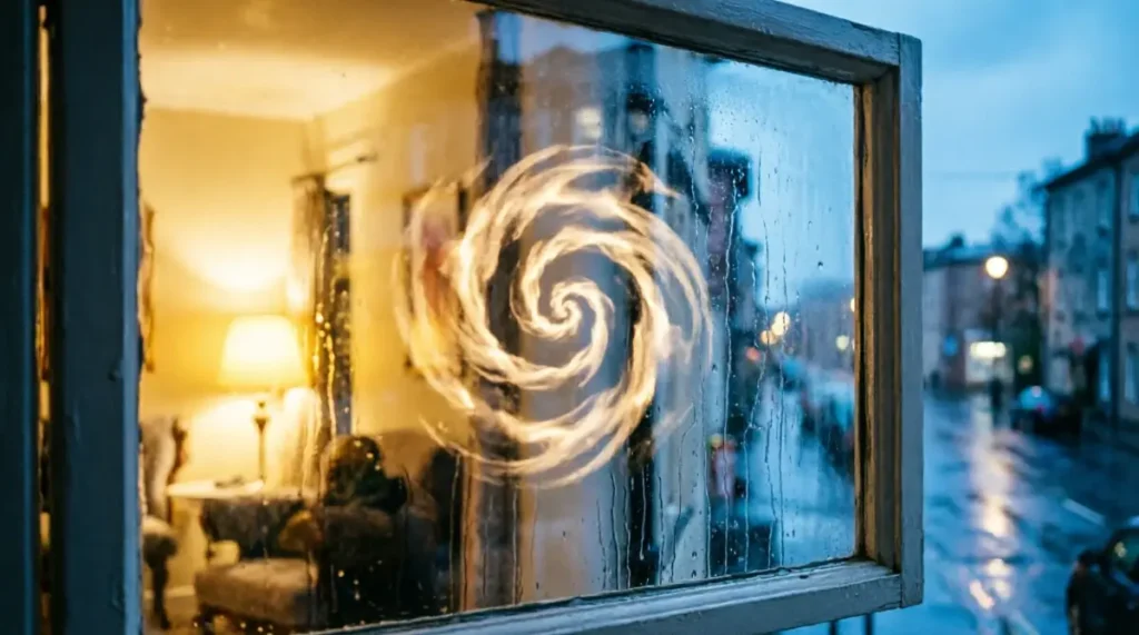 Open window with rain streaks, reflection of warm golden spiral merging with cool blue street dusk (AI-generated illustration)
