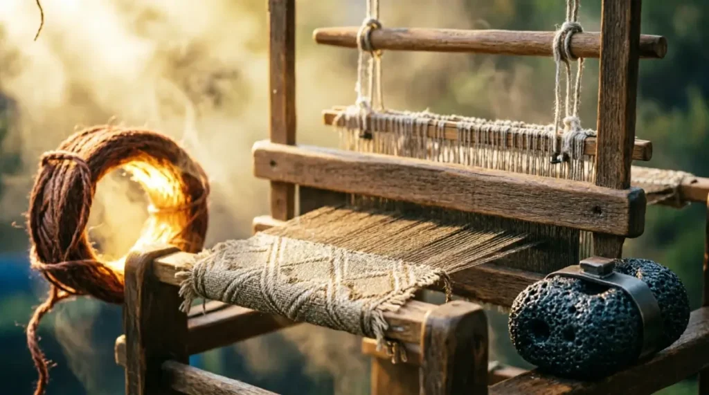 Wooden loom quiet woven patterns, porous stone competence attachments, golden copper coil glow(AI-generated illustration)