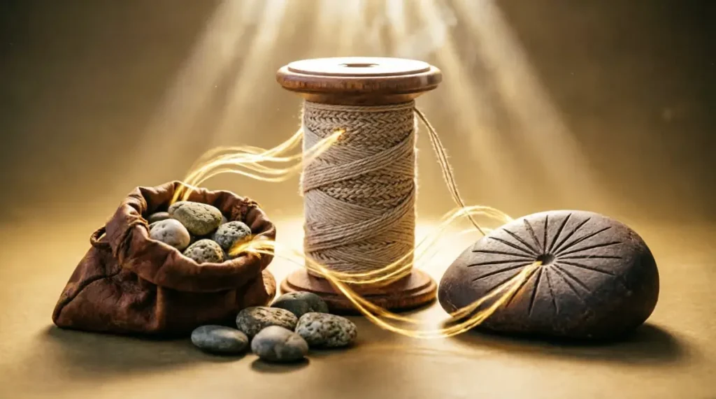 The Best Way to Learn a Language When You Have Little Time 7 Wooden spool with woven threads, leather pouch with pebbles, stone with etched marks connected by golden light (AI-generated illustration)