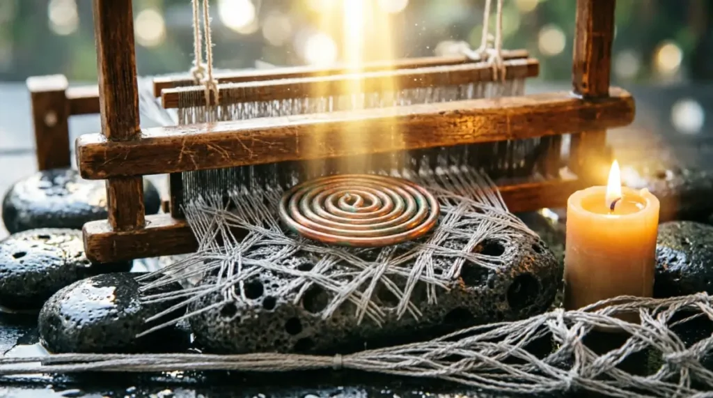 Wooden loom master-weaving, porous stones spreading patterns, copper coil mastery glow(AI-generated illustration)