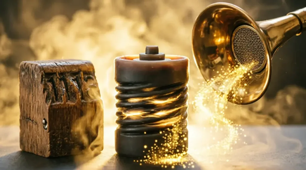 Wooden tally block with marks, wax cylinder with glowing golden spiral grooves, brass funnel filtering golden particles (AI-generated illustration)