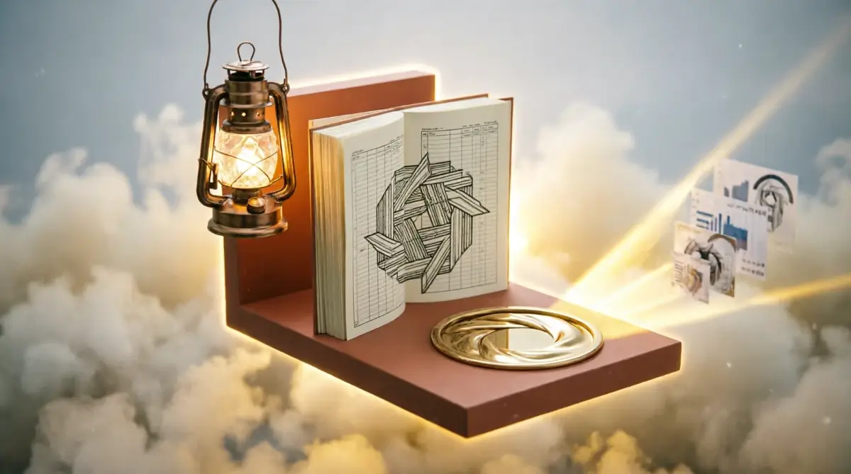 Open workspace with brass lantern, evidence ledger with pattern wall, focus aperture revealing infinite client patterns showing belief and trust (AI-generated illustration)