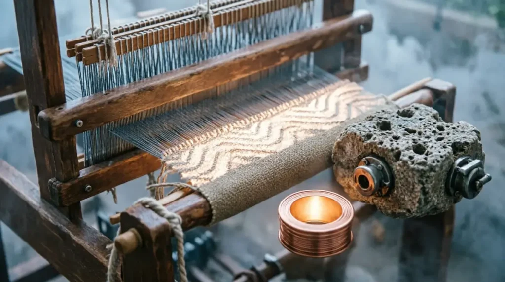 Wooden loom perfect weave glowing, porous stone integrated attachments, copper coil internal luminescence(AI-generated illustration)