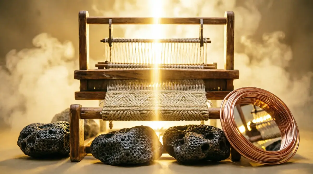 Wooden loom epic weaving structure, porous stones woven phrases, mirror-polished copper coil(AI-generated illustration)
