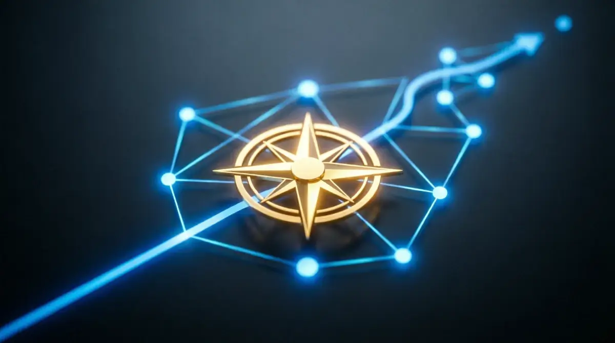 Interface with glowing central compass surrounded by interconnected value nodes and forward trajectory line(AI-generated Illustration)