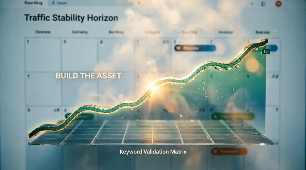 Traffic Stability Horizon drawing line from validated title with Keyword Validation Matrix foundation on Generic Blog Calendar background(AI-generated illustration)