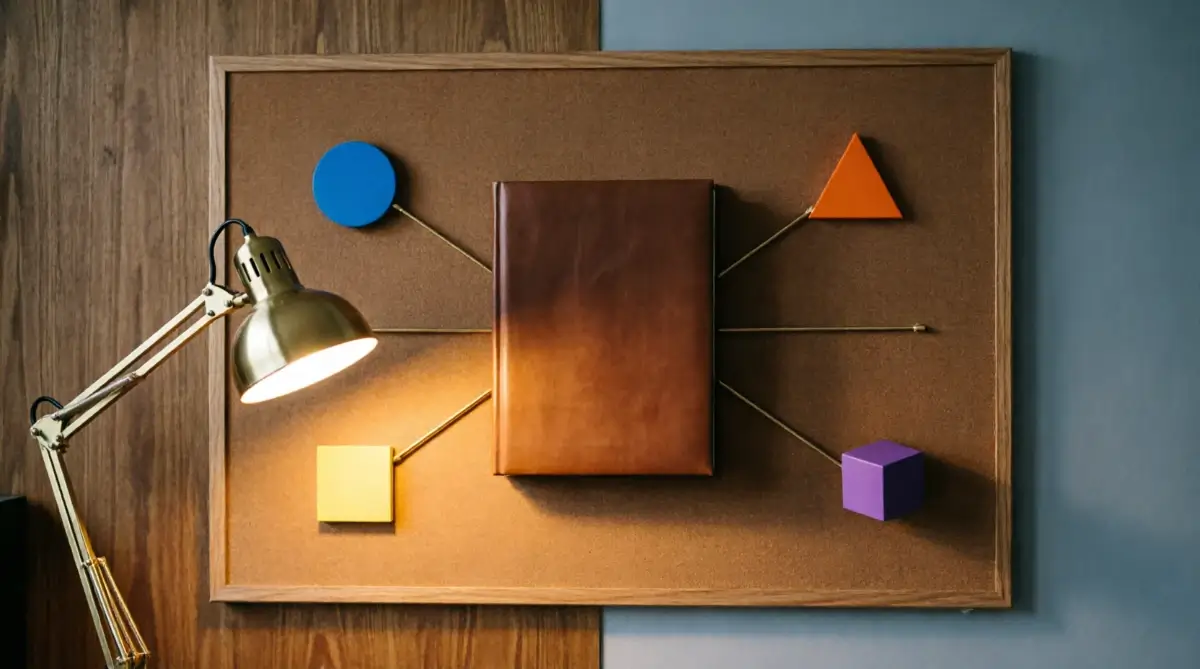 Corkboard with a thick bound book connected to colored geometric shapes by strings, illuminated by a warm desk lamp.