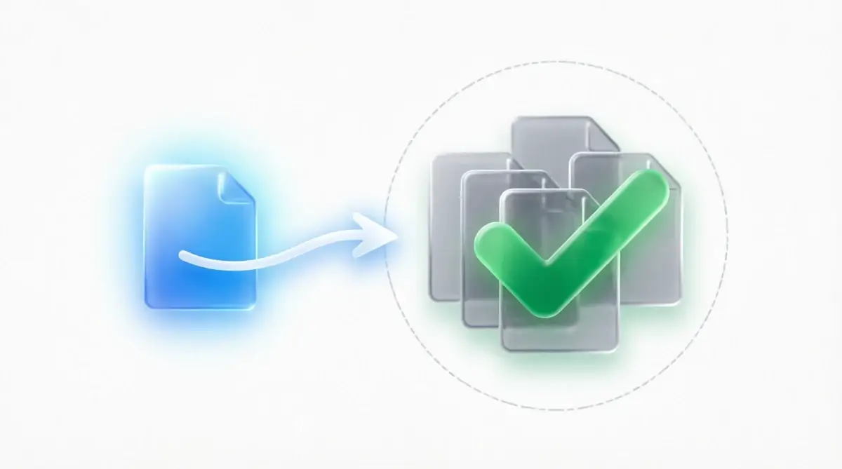showing a document icon with a green checkmark pointing to a cluster of existing documents