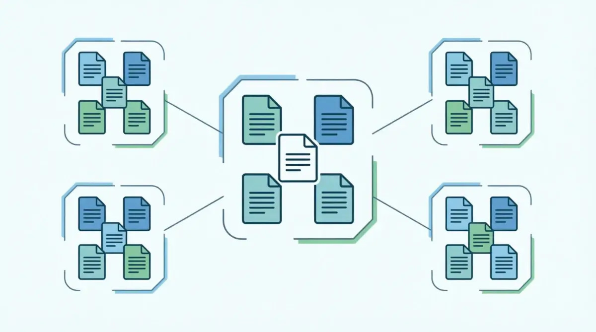 showing document icons grouped into distinct clusters with colored borders, connected by clean lines