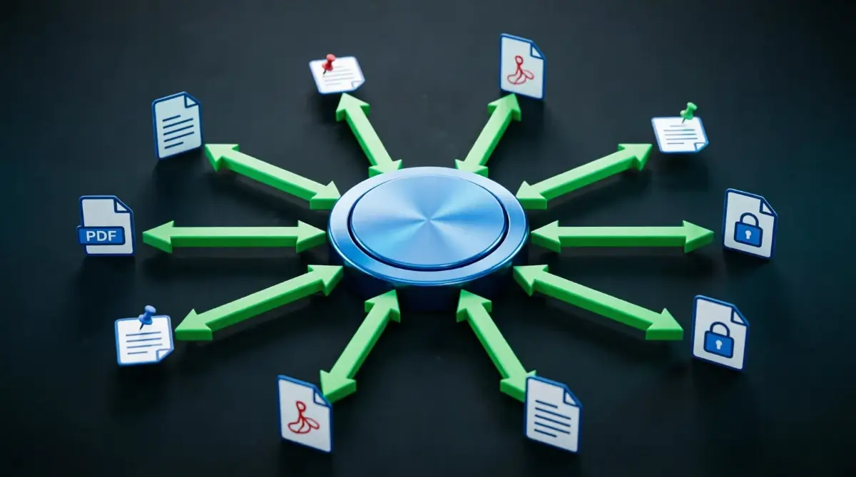 graph showing a large central hub icon connected by bidirectional lines to multiple smaller document icons