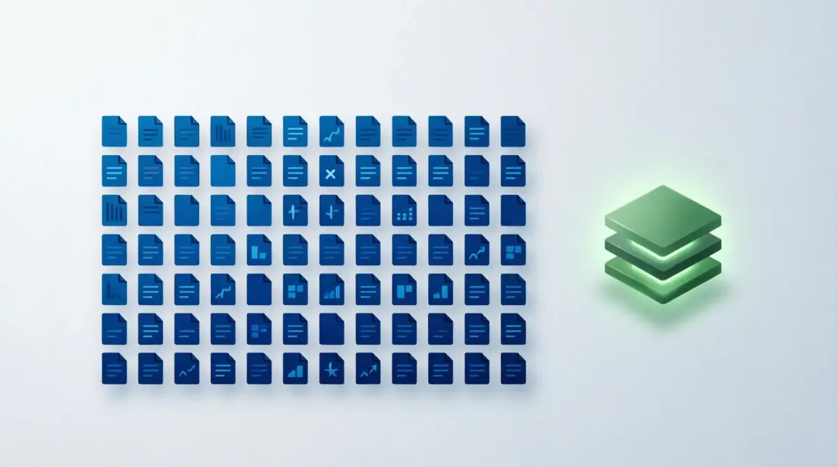 dashboard showing a structured grid of document icons next to a glowing, layered foundation block representing structural integrity